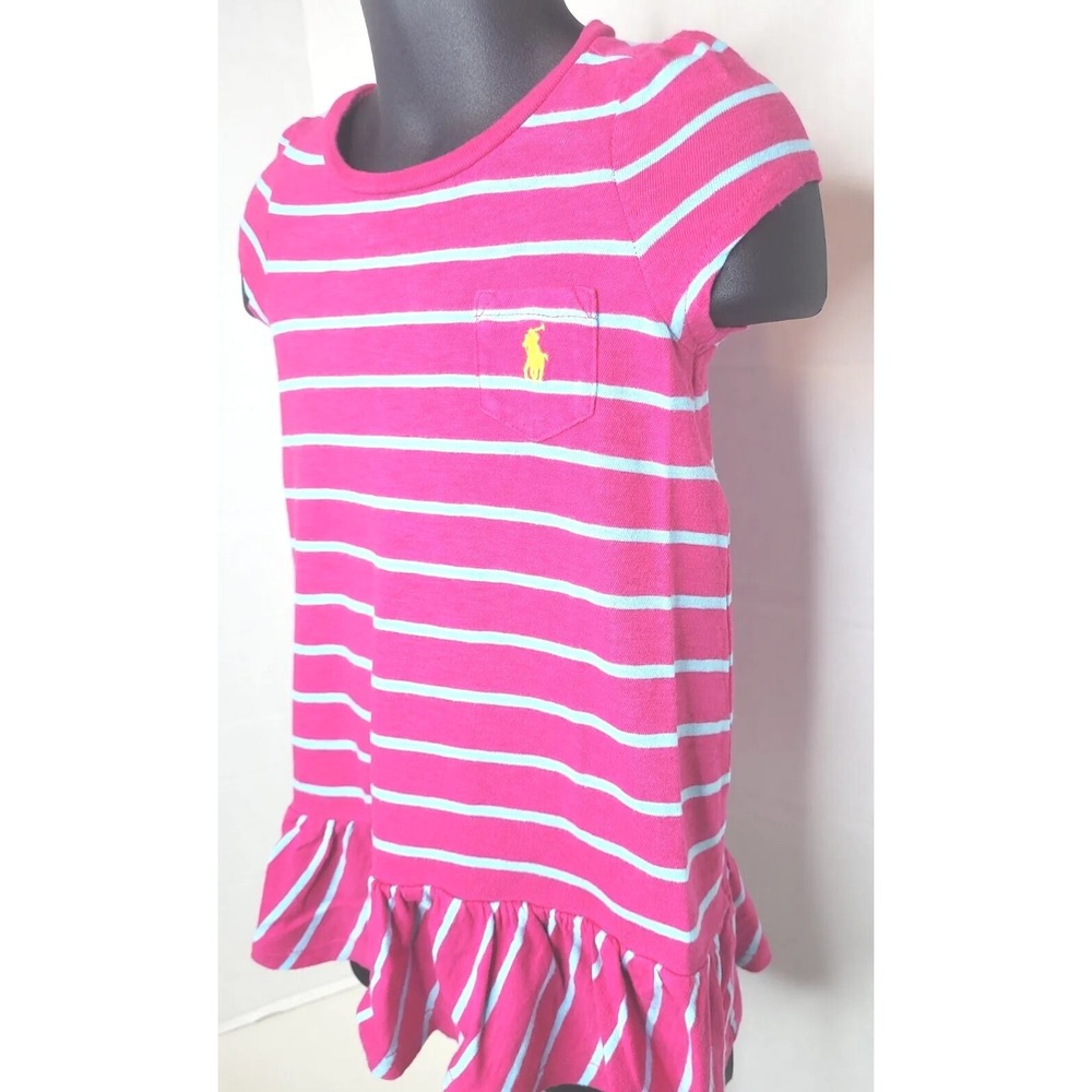 GIRL'S 12 MTHS RALPH LAUREN POLO Bright PINK BLUE STRIPED SS TENNIS DRESS POCKET - Picture 3 of 5